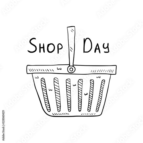 Supermarket basket hand drawn doodle vector illustration, design element, icon, sticker. Isolated on white background. Easy to change color. To buy list element. Shopping time. Shop day. Shopper. v