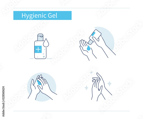 Infographic Steps How to Use Hygienic Gel for Hands Properly. Cleaning Hands with Antiseptic Product. Prevention against Virus, Germs and Infection. Hygiene Concept.  Flat Cartoon Vector Illustration.