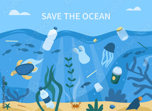Plastic Garbage in Sea. Plastic Bottles, Straws, Cups and other Trash Pollute the Water. Animals Swimming near Waste. Ocean Plastic Pollution Concept. Flat Cartoon Vector Illustration.