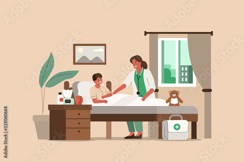 Woman Doctor Visiting Little Boy in his House. Kid Lying in Bed while having Examination with Doctor Pediatrician. Medical People Characters. Doctor at Home Concept. Flat Cartoon Vector Illustration.