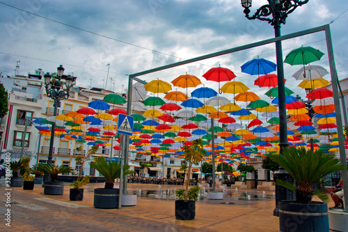 Colorful Umbrellas Plaza de la Constitucion Torrox Costa Del Sol Andalusia Spain © Andy Evans Photos