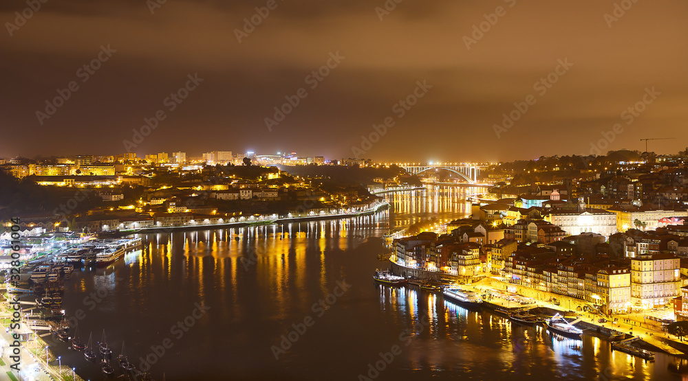 Porto: night panorama of Ribeira and Douro river, Portugal