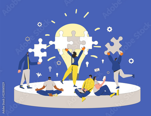 Teamwork vector scene. flat coworkers make project