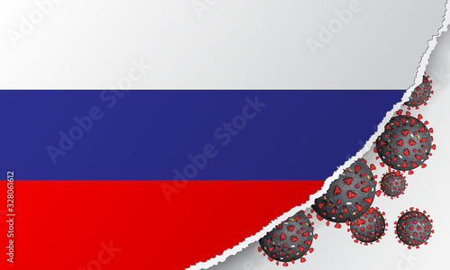 Flag of Russia with outbreak deadly coronavirus covid-19. Banner with the spread of Coronavirus 2019-nCoV virus strain. A large coronavirus bacteriums against background of the national flag Russia.