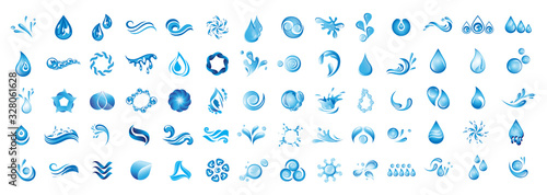 Water Splash Vector And Drop Logo Set - Isolated On White Background. Vector Collection Of Flat Water Splash and Drop Logo. Icons For Droplet, Wave, Rain, Raindrop, Company Logo And Bubble Design