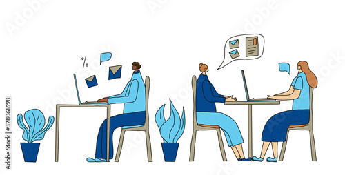 People siting at the desk. Vector design.