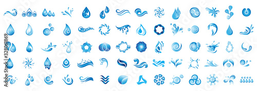 Water Splash Vector And Drop Logo Set - Isolated On White Background. Vector Collection Of Flat Water Splash and Drop Logo. Icons For Droplet, Wave, Rain, Raindrop, Company Logo And Bubble Design