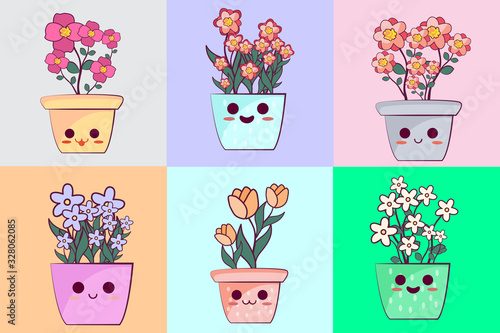 Set of kawaii colorful flower with pot
