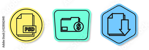 Set line PSD file document, Finance document folder and Document with download. Colored shapes. Vector