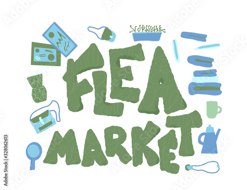 Flea market emblem. Text and hand drawn decor.