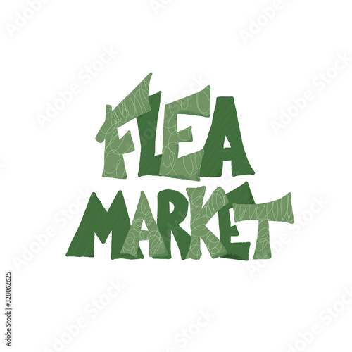 Flea market emblem. Text and hand drawn decor.