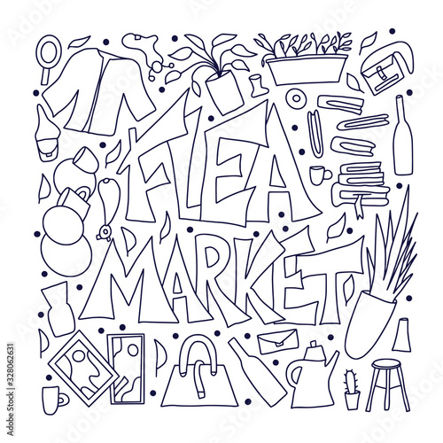 Flea market emblem. Text and hand drawn decor.
