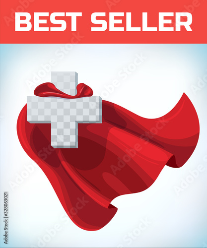 Equilateral cross in hero cape. Doctor super cloak. Pharmacy sign. Health icon. Medicine concept. Health sign. Superhero symbol. Cross care. Healthy idea. Help emblem. Insurance logo. Vector