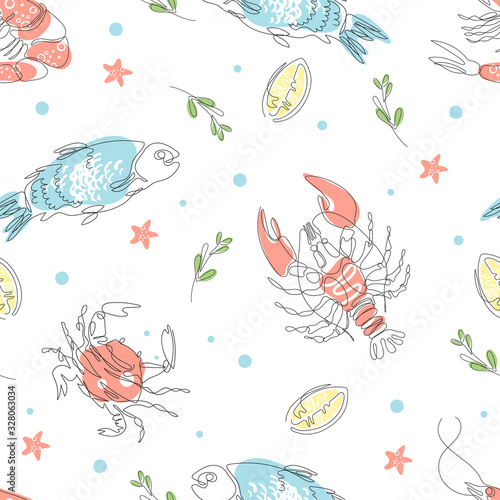 Seamless pattern with seafood. Fish, shrimp, crayfish, crabs.