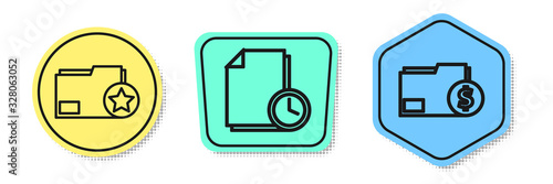 Set line Document folder with star, Document with clock and Finance document folder. Colored shapes. Vector