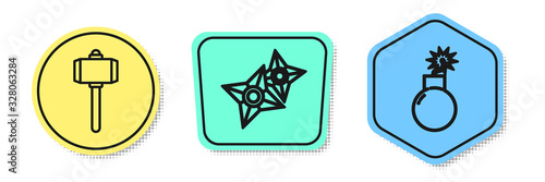 Set line Battle hammer, Japanese ninja shuriken and Bomb ready to explode. Colored shapes. Vector