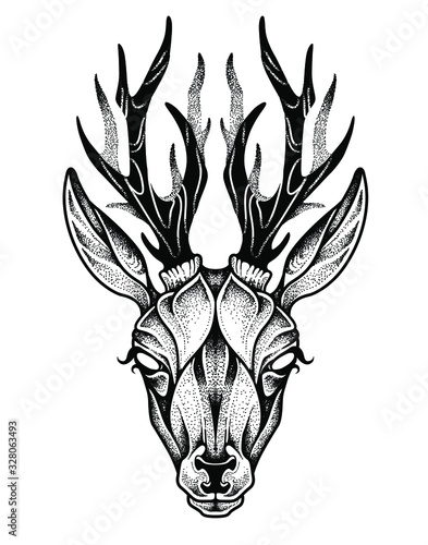 Deer head tattoo. Psychedelic vector illustration.