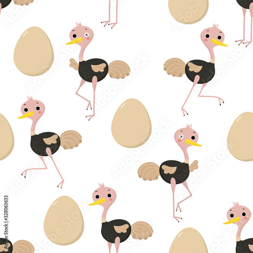 Cute ostrich and egg seamless pattern. Animal wildlife cartoon character set. -Vector