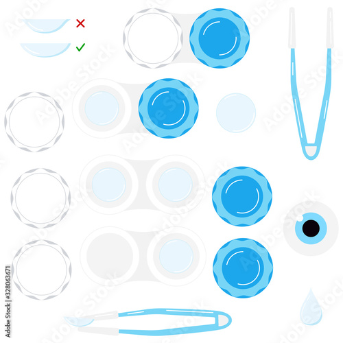 Contact lenses with case, tweezers holding contact lens, eye, drop icon vector set isolated on white background.