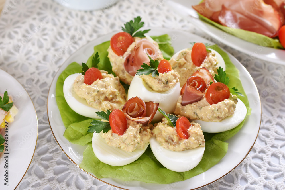 easter breakfast with eggs stuffed with salad easter breakfast with eggs stuffed with salad