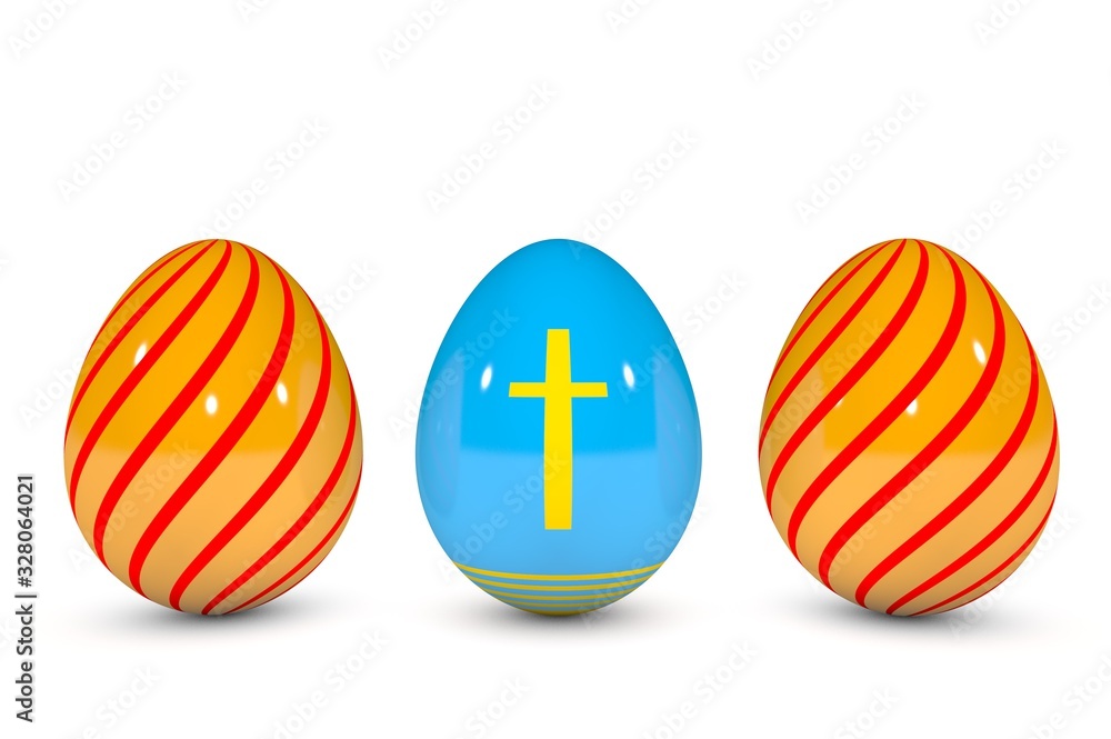 3D illustration of Easter eggs of different colors with patterns on a white background