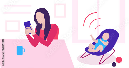 tired young mother sitting at a table and holding a smartphone.