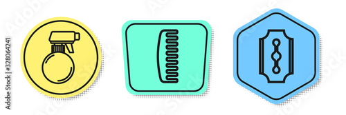 Set line Hairdresser pistol spray bottle, Hairbrush and Blade razor. Colored shapes. Vector