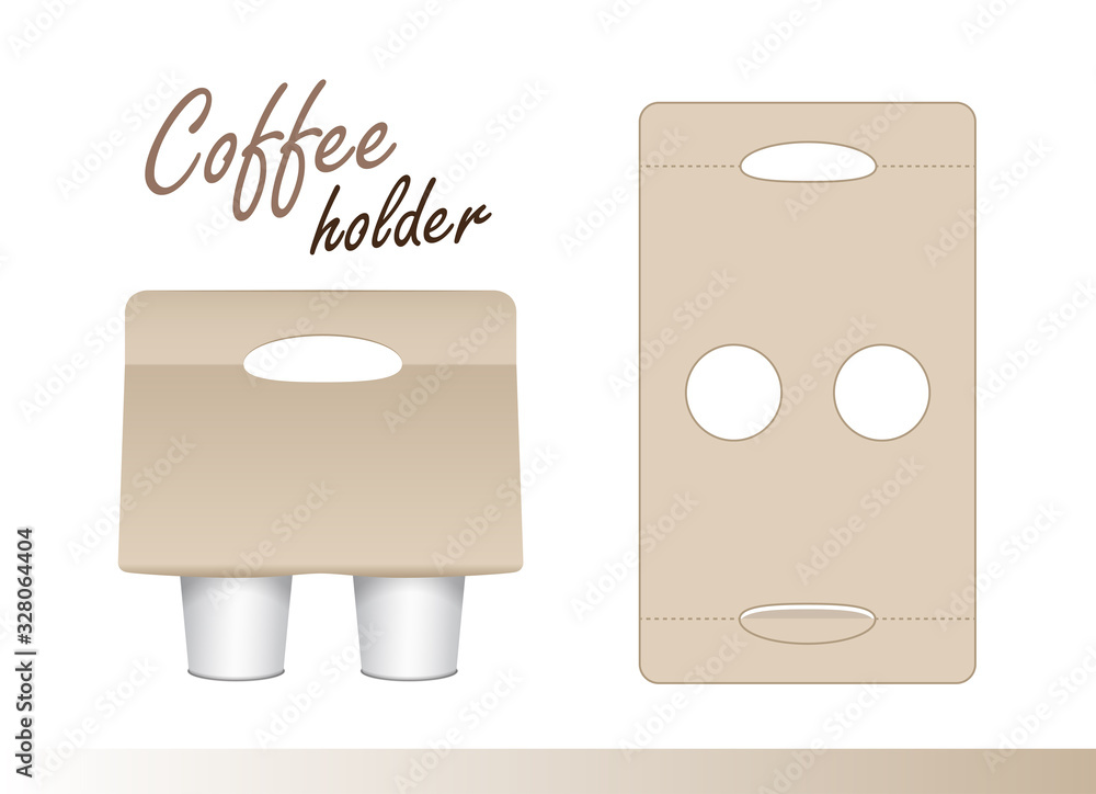 Coffee cup carton holder with die cut. Vector paper pack holder mockup. Cardboard coffee cup