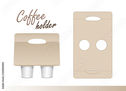 Coffee cup carton holder with die cut. Vector paper pack holder mockup. Cardboard coffee cup holder takeaway cut and fold