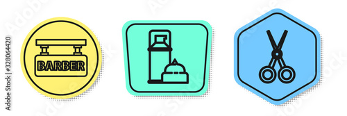Set line Barbershop, Shaving gel foam and Scissors hairdresser. Colored shapes. Vector