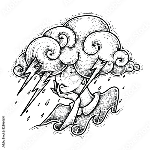 Tattoo design. Girl thunderstorm. Vector illustration isolated on white.