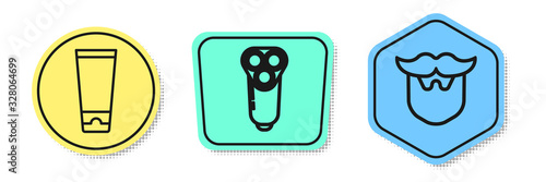 Set line Cream or lotion cosmetic tube, Electric razor blade for men and Mustache and beard. Colored shapes. Vector