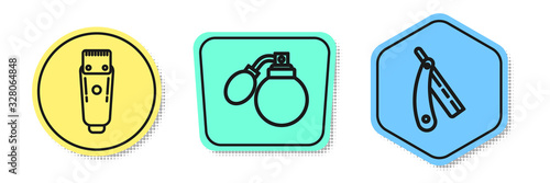 Set line Electrical hair clipper or shaver, Aftershave bottle with atomizer and Straight razor. Colored shapes. Vector