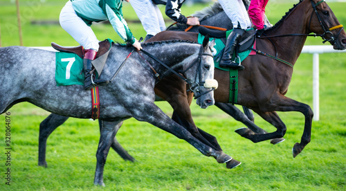 Close up on galloping race horses competing