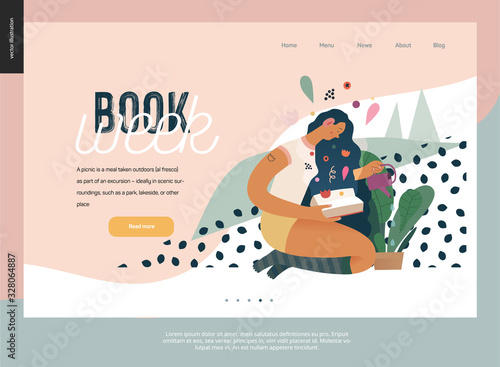 Watering webdesign template -World Book Day graphics -book week events. Modern flat vector concept illustrations of reading people -a brunette girl with watering a plant in the pot, reading a book