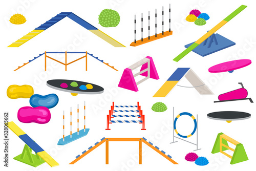 Dog playground equipment set. Colour flat playing dogs design