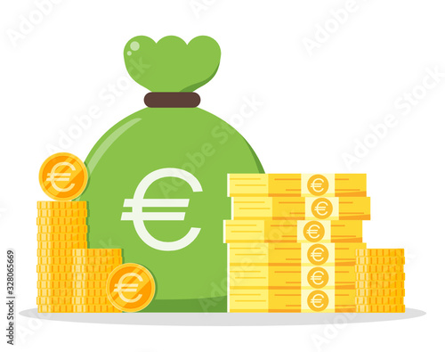 Euro money bundle and coin stack sack bag vector icon logo and design. EU European Union, Eurozone and Monetary Agreement Currency, Business, Payment and Finance Element. 