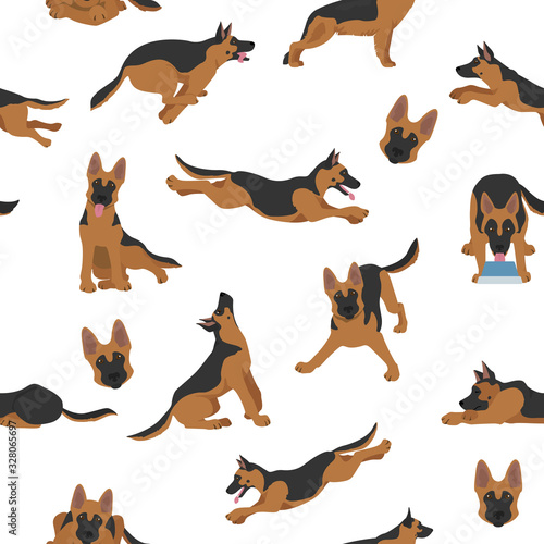 German shepherd dogs in different poses. Shepherd characters seamless pattern