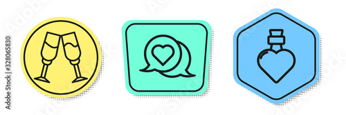Set line Glass of champagne, Heart in speech bubble and Bottle with love potion. Colored shapes. Vector