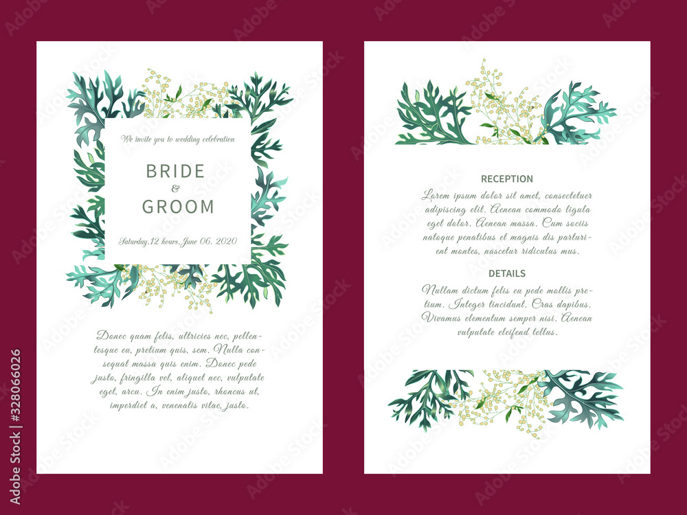 Wedding invitation on colorful floral background of tropical leaves and little flowers.