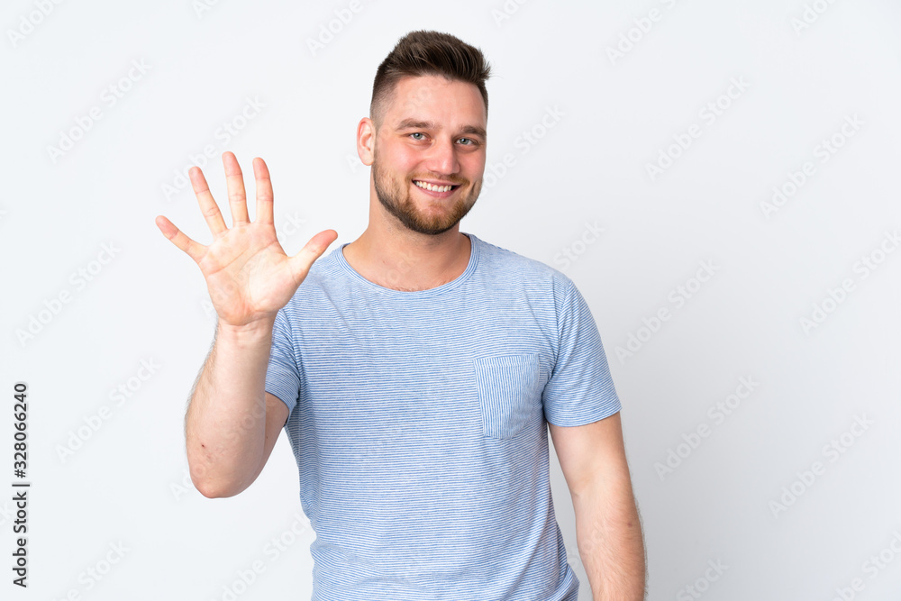 Russian handsome man over isolated background counting five with fingers Russian handsome man over isolated background counting five with fingers