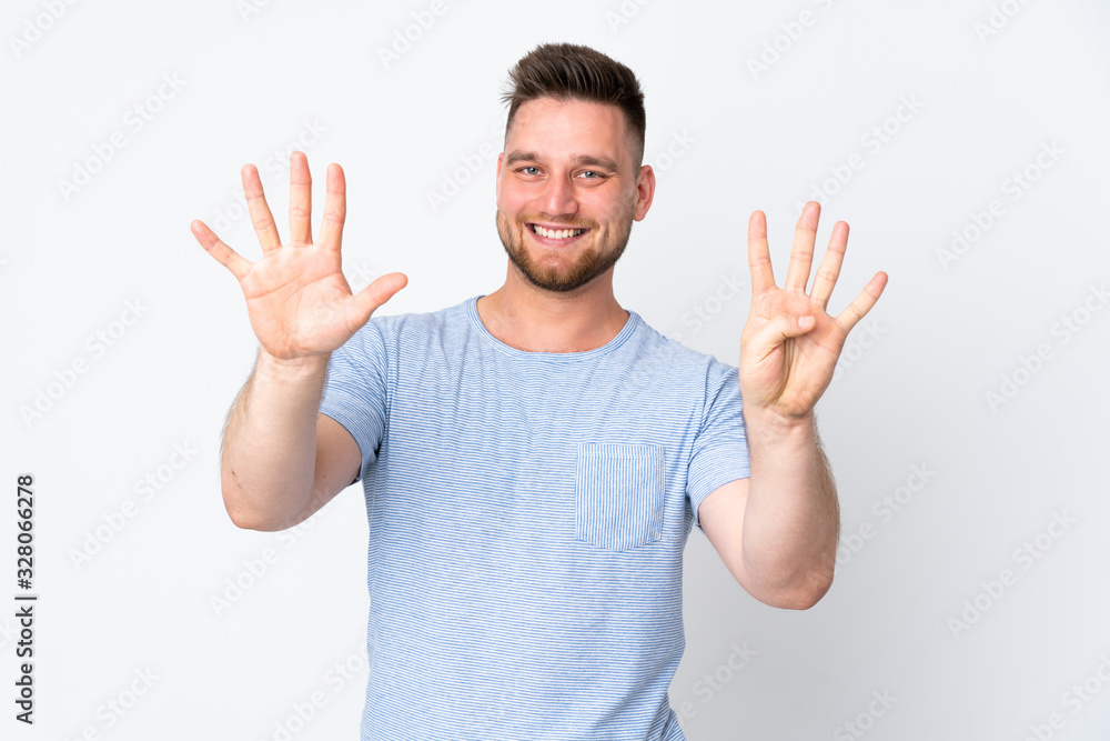 Russian handsome man over isolated background counting nine with fingers Russian handsome man over isolated background counting nine with fingers