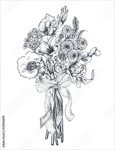 Floral composition. Bradal bouquet with beautiful hand drawn flowers, plants, ribbon. Monochrome vector illustration in sketch style