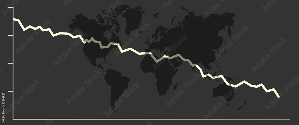 Composing with a falling share price and a world map as a symbol of a declining (world) economy - obrazy, fototapety, plakaty 
