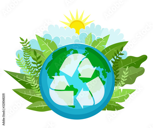 Green triangular eco recycle icon, environmental conservation. Green Earth planet. photo