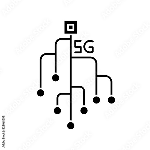 5G chip black glyph icon. Microchip  microcircuit. Mobile cellular network. Wireless technology. Fast connection. Silhouette symbol on white space. Vector isolated illustration