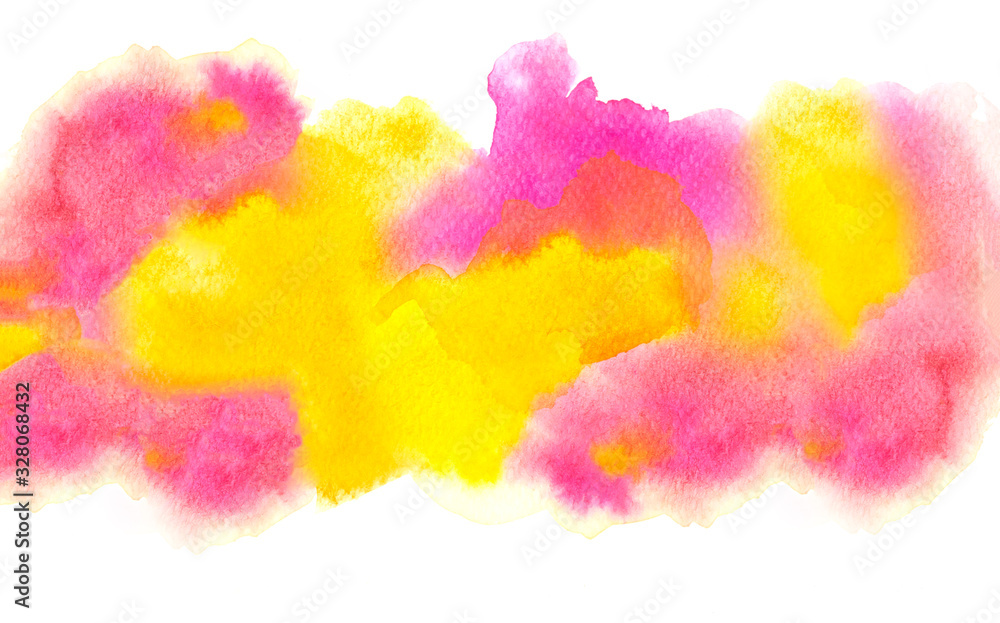 Colorful watercolor texture background. Pink yellow color paint stain splash water on white paper