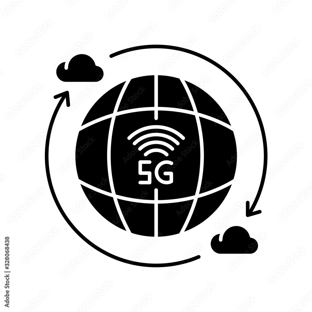 Naklejka premium 5G wireless technology black glyph icon. Global standard. Cloud computing. Mobile cellular network coverage. Silhouette symbol on white space. Vector isolated illustration