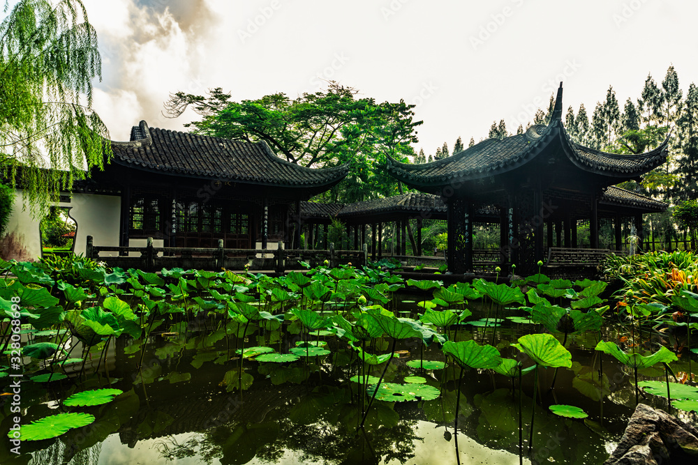 samutprakan,thailand-october,03,2018 chinese pavilions are located in gardens with lost of lotus trees samutprakan,thailand-october,03,2018 chinese pavilions are located in gardens with lost of lotus trees
