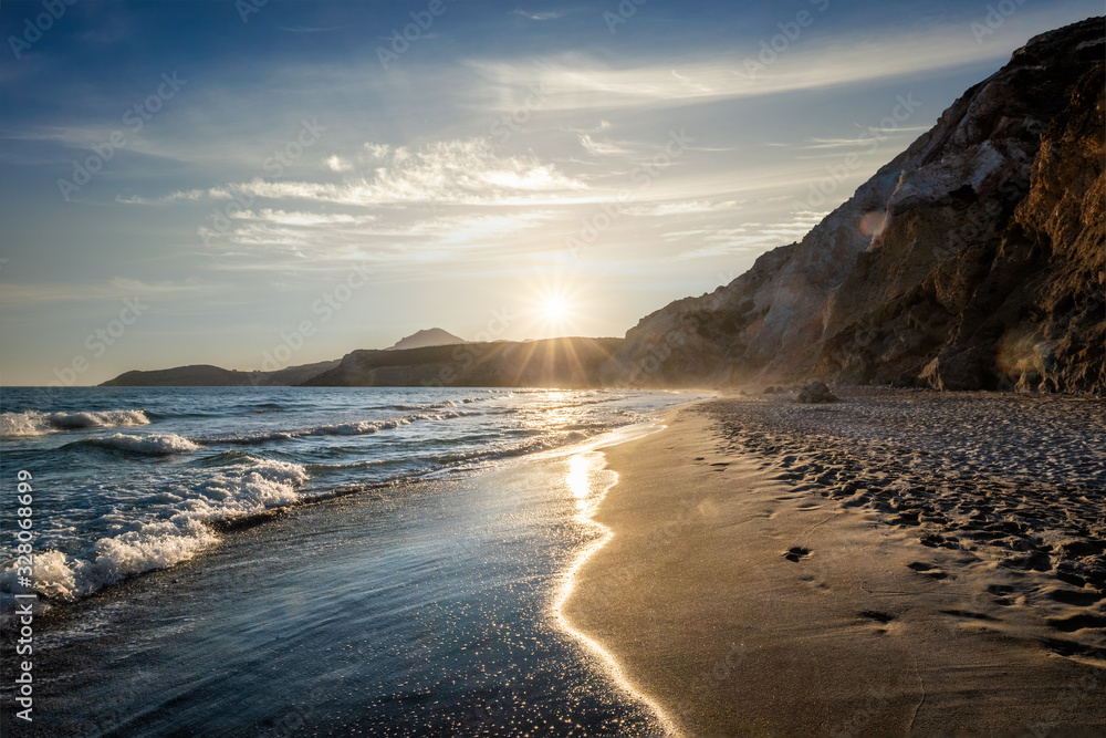 Fyriplaka beach on sunset, Milos island, Cyclades, Greece Fyriplaka beach on sunset, Milos island, Cyclades, Greece